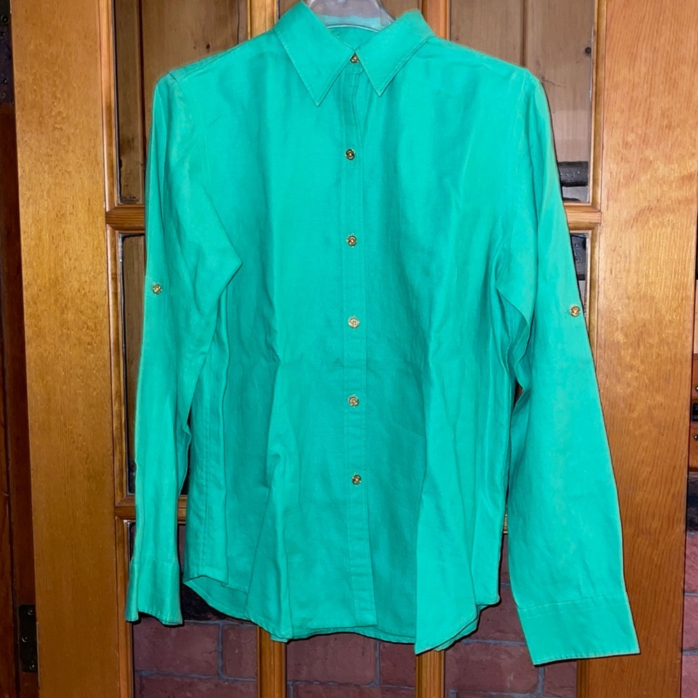 Chaps long sleeve button collared green blouse